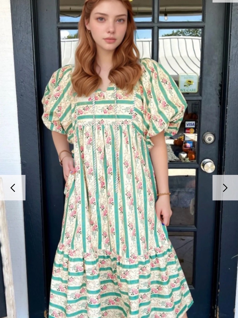 Striped Teal & White Floral Maxi Dress with Puff Sleeves - Picture 3 of 13